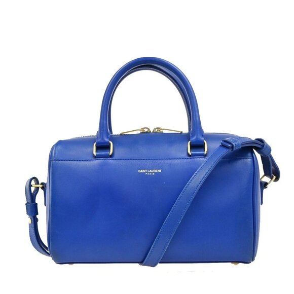 SAINT LAURENT Logo Baby Duffle 2Way Shoulder Hand Bag Leather Blue GHW 77EE942 - Picture 1 of 15